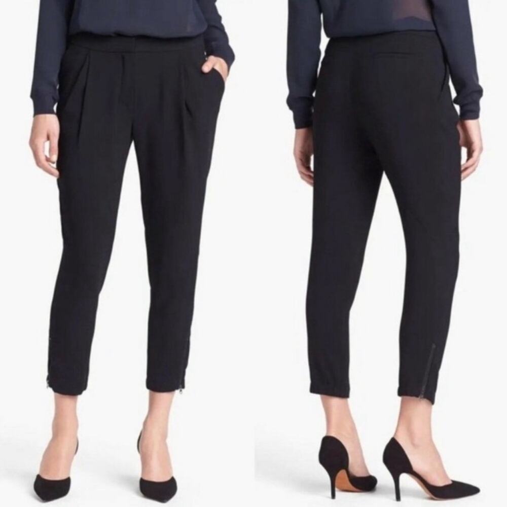 Vince High Waisted Pleated Slim Leg Crop Jogger Trouser Zip Hem‎ Pants Black 10